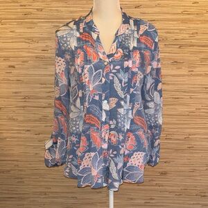 Ruby Rd. Navy Floral Button-Down Blouse with Coral Accents medium EUC! (L)